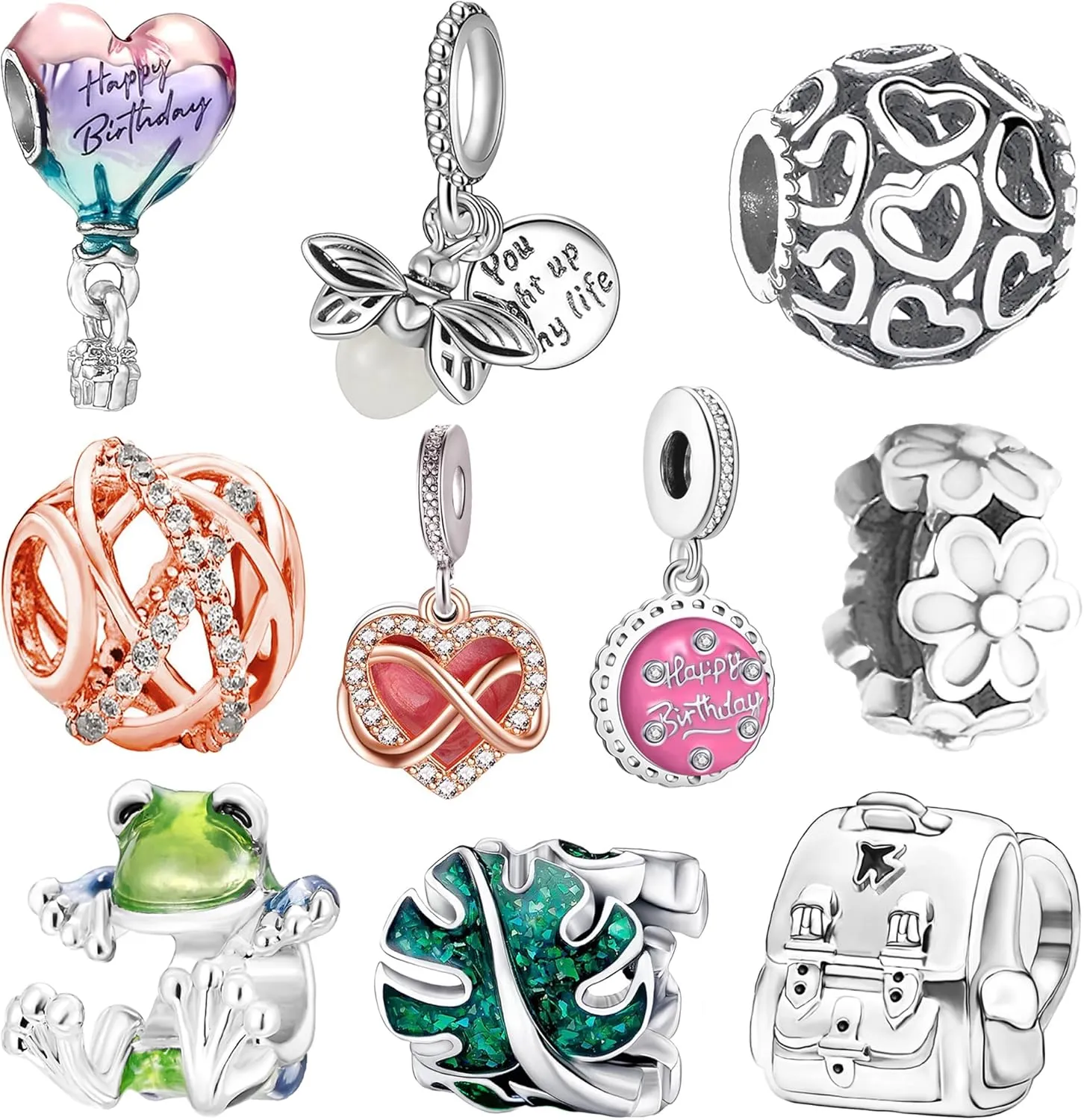 10 Pack Silver Bead Charms for Pandora Bracelets and Necklaces Charm for Woman Cubic Zirconias Dangle Pendant Jewelry Beads Set Style7