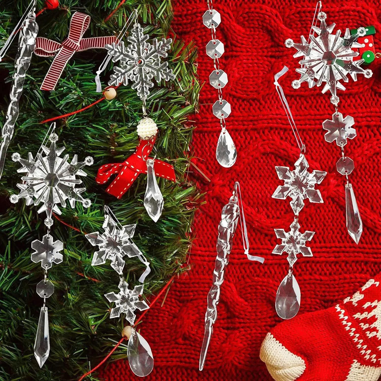 10pcs Christmas Tree Hanging Pendants Acrylic Ice Strip Snow Ceiling Xmas Ornaments New Year Christmas Decoration Home Décor