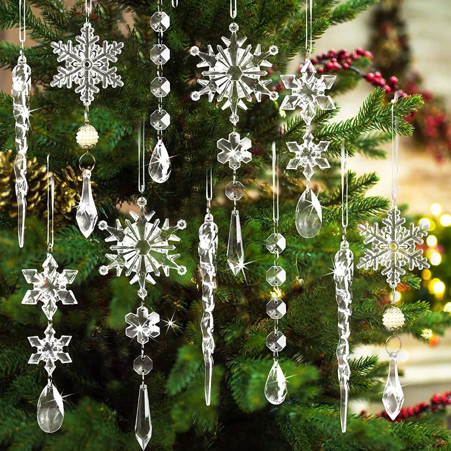 10pcs Christmas Tree Hanging Pendants Acrylic Ice Strip Snow Ceiling Xmas Ornaments New Year Christmas Decoration Home Décor