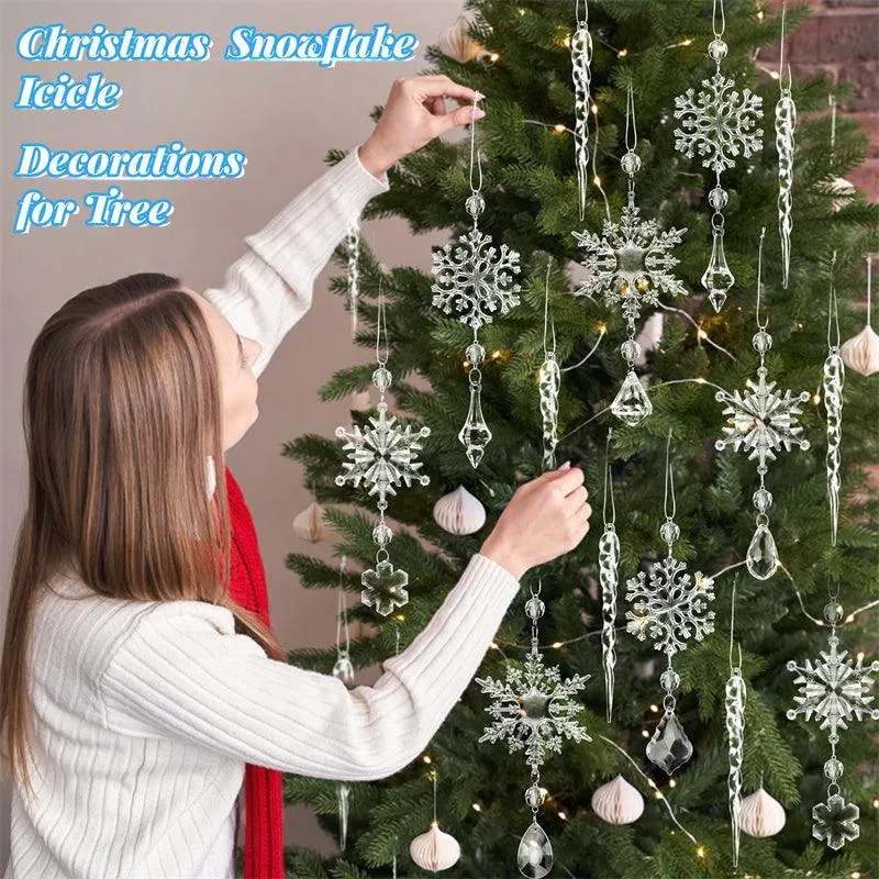 10pcs Christmas Tree Hanging Pendants Acrylic Ice Strip Snow Ceiling Xmas Ornaments New Year Christmas Decoration Home Décor