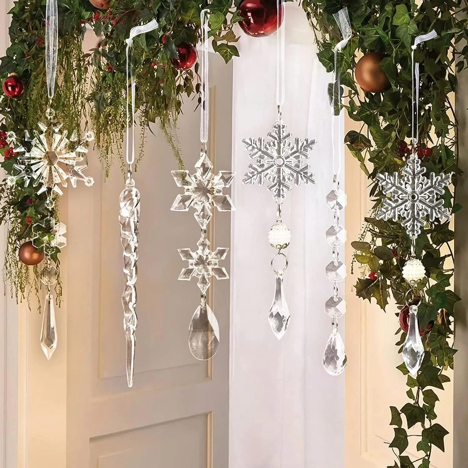 10pcs Christmas Tree Hanging Pendants Acrylic Ice Strip Snow Ceiling Xmas Ornaments New Year Christmas Decoration Home Décor