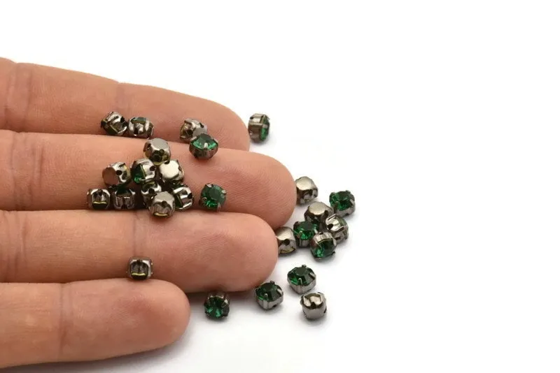 12 Emerald Crystal Rhinestone Beads With 4 Holes Brass Setting for SS24, Charms, Pendants, Earrings - 5.3mm SS24
