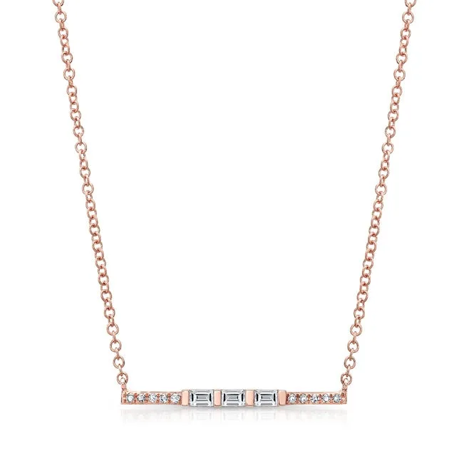 14k Gold Contemporary Baguette and Round Diamond Bar Necklace