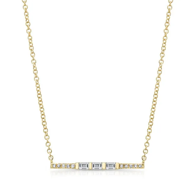 14k Gold Contemporary Baguette and Round Diamond Bar Necklace