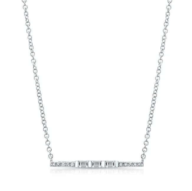 14k Gold Contemporary Baguette and Round Diamond Bar Necklace