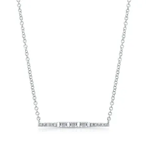 14k Gold Contemporary Baguette and Round Diamond Bar Necklace