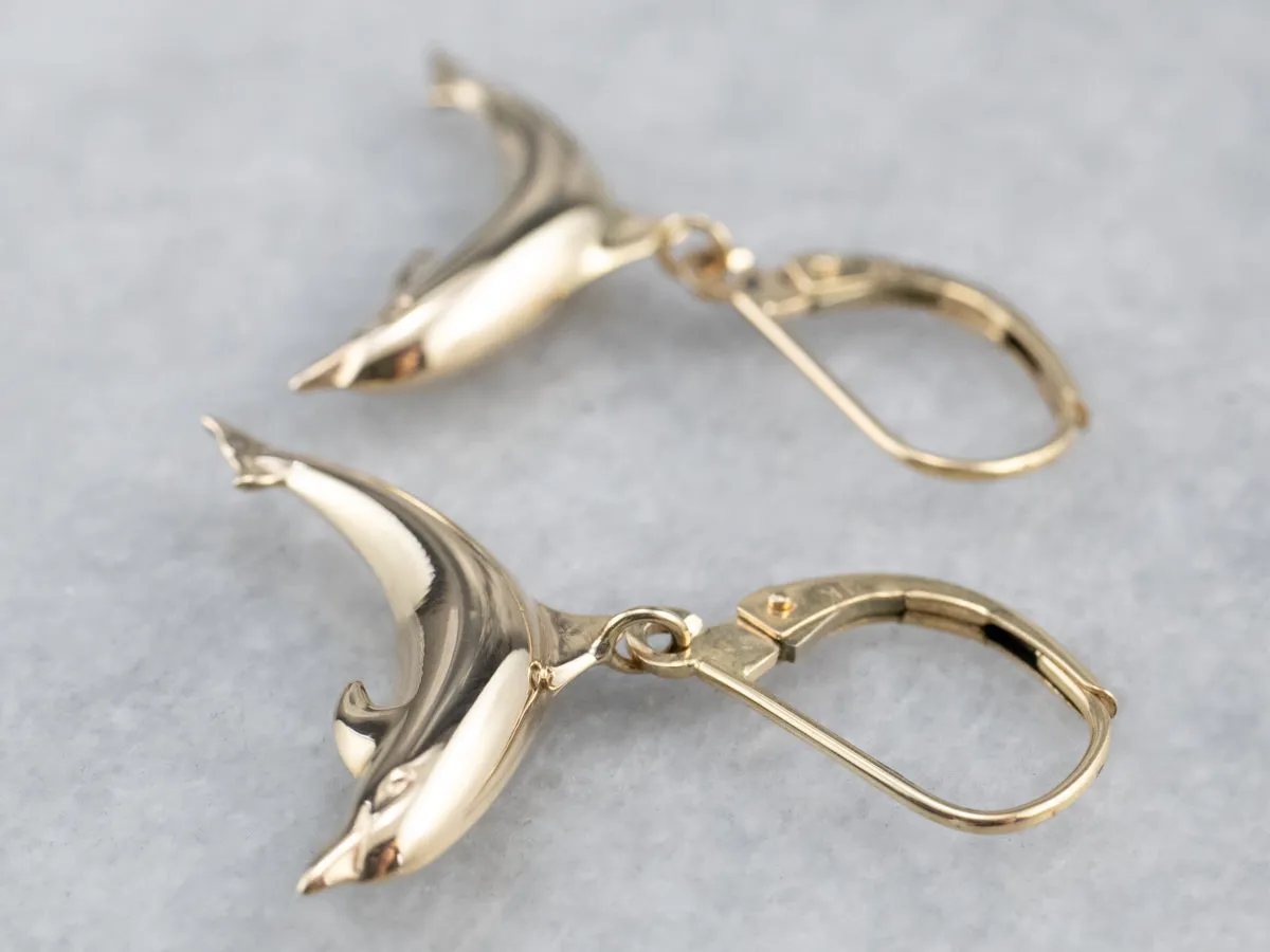 14K Gold Dolphin Drop Earrings