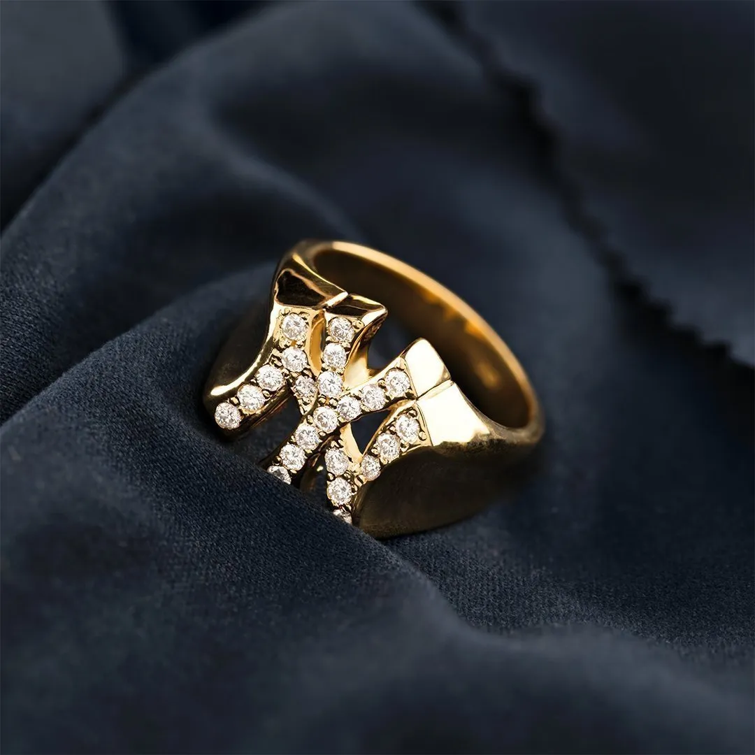 14K Solid Yellow Gold Diamond NY Yankee Ring 0.7 Ctw