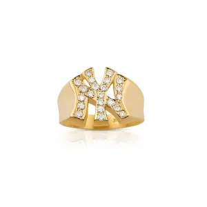 14K Solid Yellow Gold Diamond NY Yankee Ring 0.7 Ctw