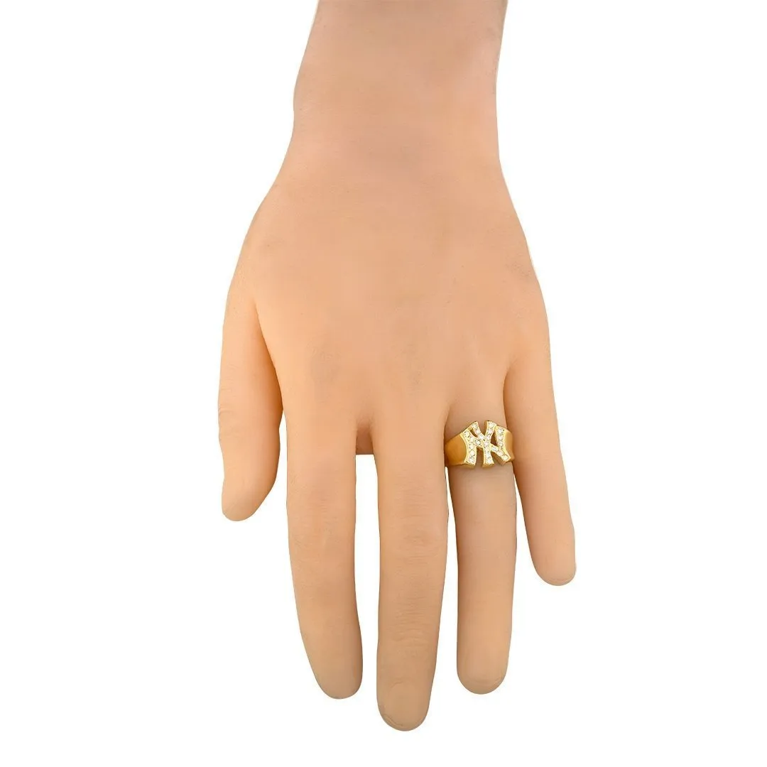 14K Solid Yellow Gold Diamond NY Yankee Ring 0.7 Ctw