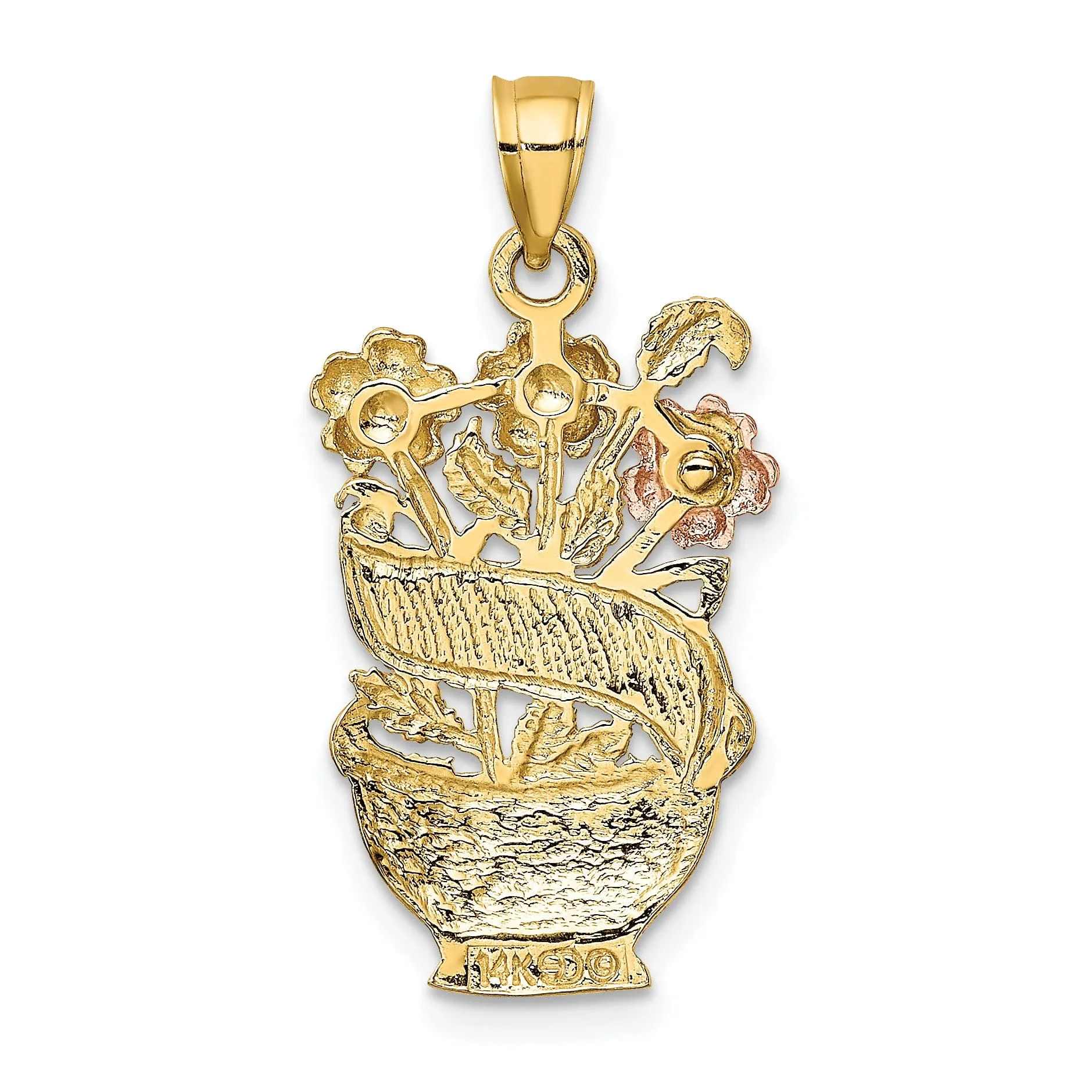 14K Two Tone Gold, White Rhodium #1 MOM Flower Basket Design Charm Pendant