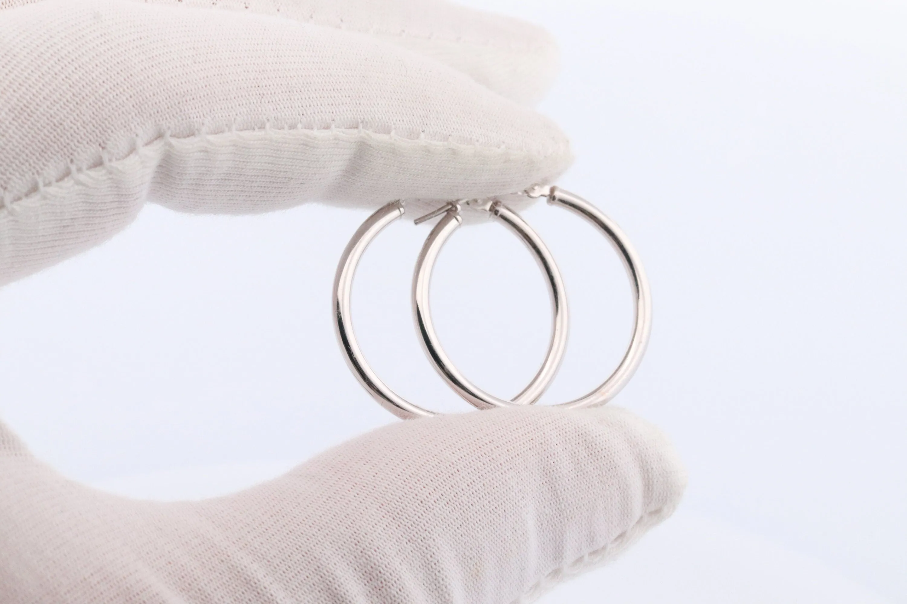 14k White Gold HOOP Earrings. HOOP Puffed Dangle earrings by JCM Jacmel. Wide Hoops.