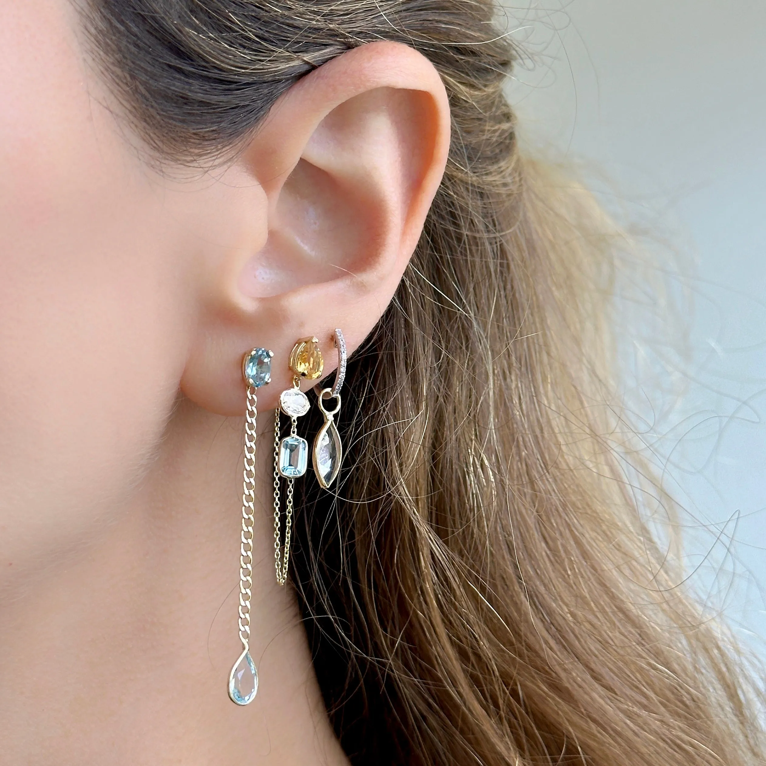14K Yellow Gold Oval And Drop Blue Topaz Cuban Chain Earrings
