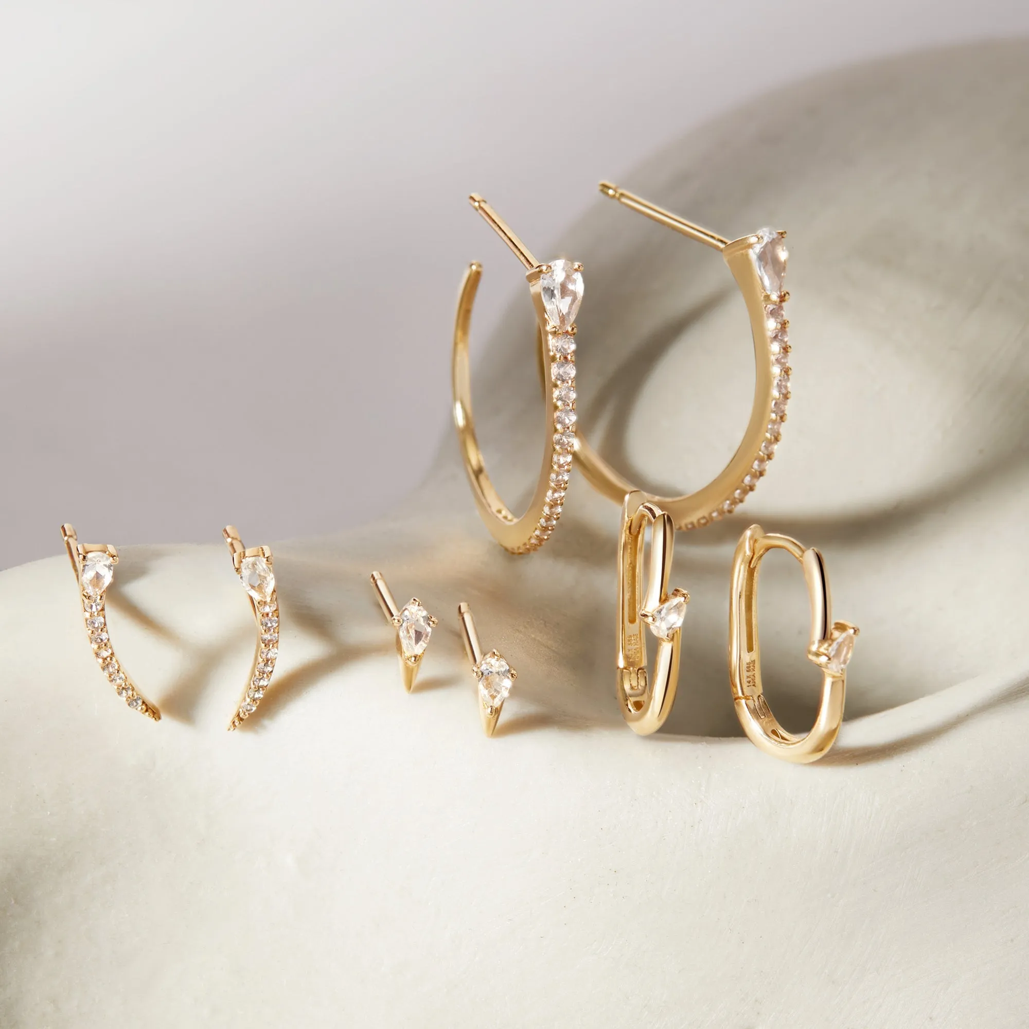 14kt Gold White Sapphire Curve Climber Stud Earrings