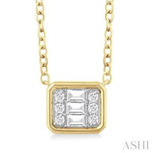 1/6 ctw Petite Bezel Set East-West Emerald Shape Fusion Baguette and Round Cut Diamond Fashion Pendant With Chain in 10K Yellow Gold