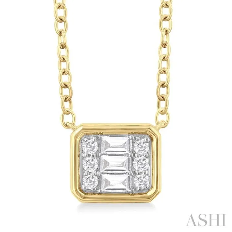 1/6 ctw Petite Bezel Set East-West Emerald Shape Fusion Baguette and Round Cut Diamond Fashion Pendant With Chain in 10K Yellow Gold