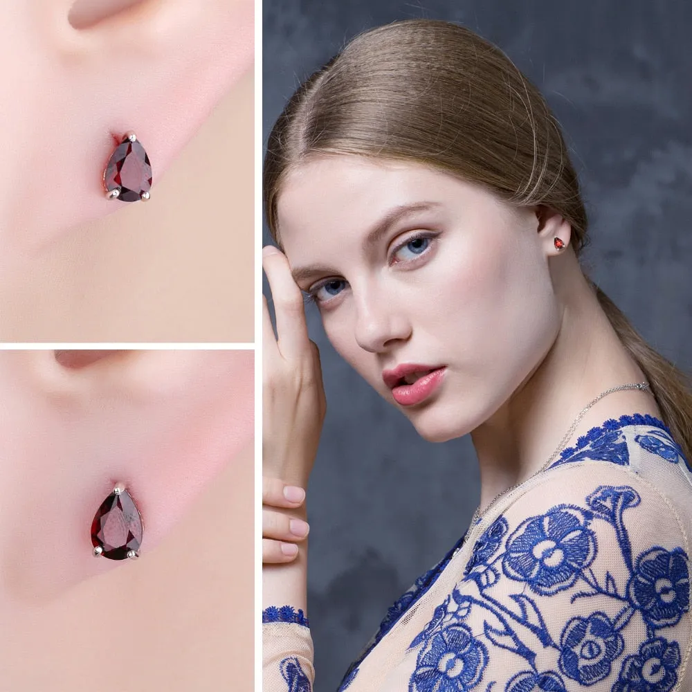 1.8ct Water Drop Natural Garnet Solid Stud Earrings 925 Sterling Silver