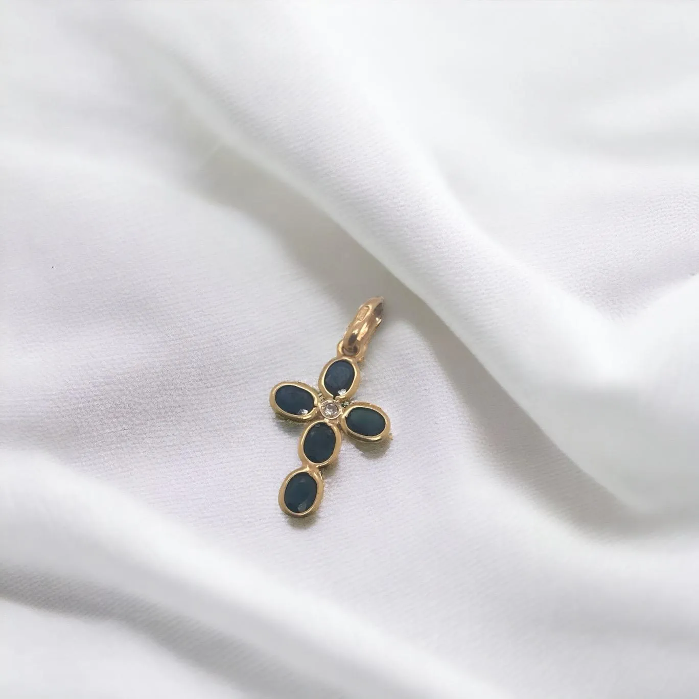 18K Yellow Gold Sapphire & Diamond Cross Pendant