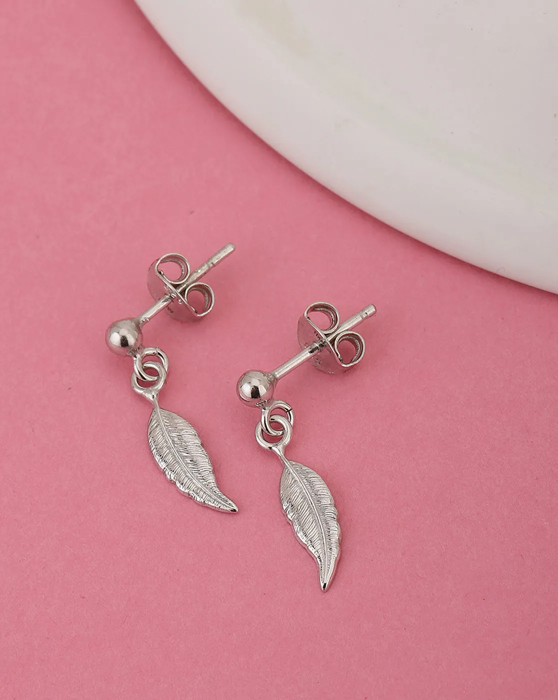 925 Sterling Silver Dangling Leaf With Rhodium Plated Drop Earring