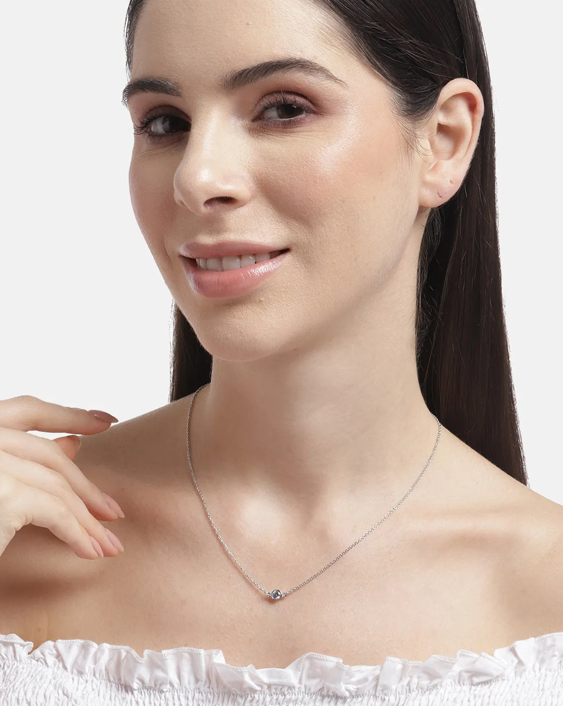925 Sterling Silver Inline Solitaire With Rhodium Plated Necklace