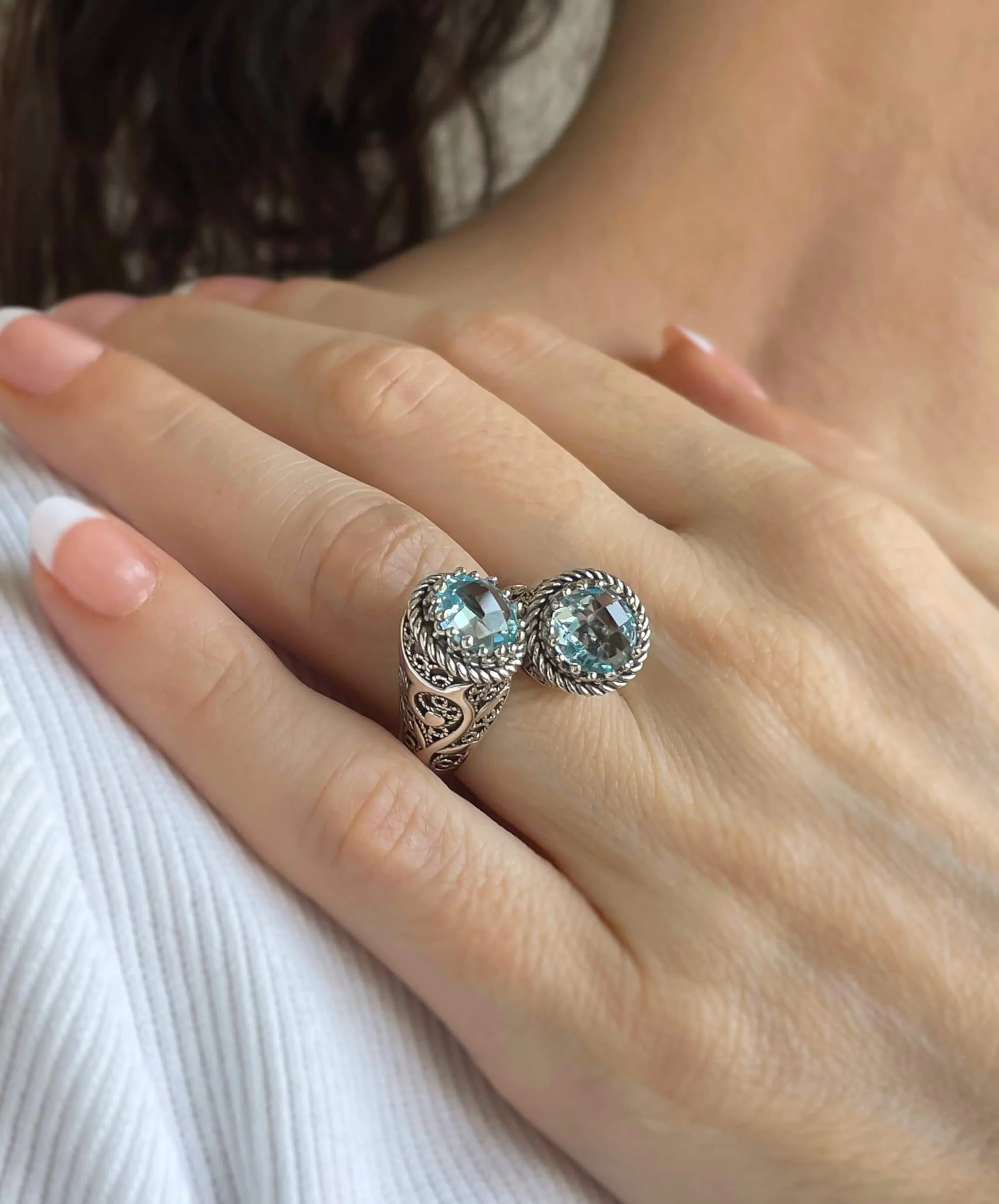 925 Sterling Silver Women's Bypass Ring with Sky Blue Topaz Gemstone -