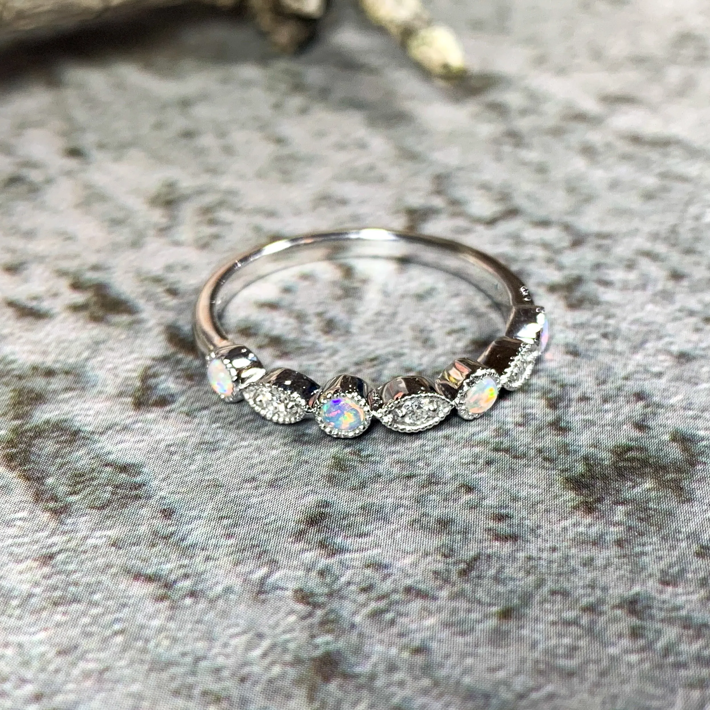 9kt White Gold eternity band millgrain finish Opal and Diamonds