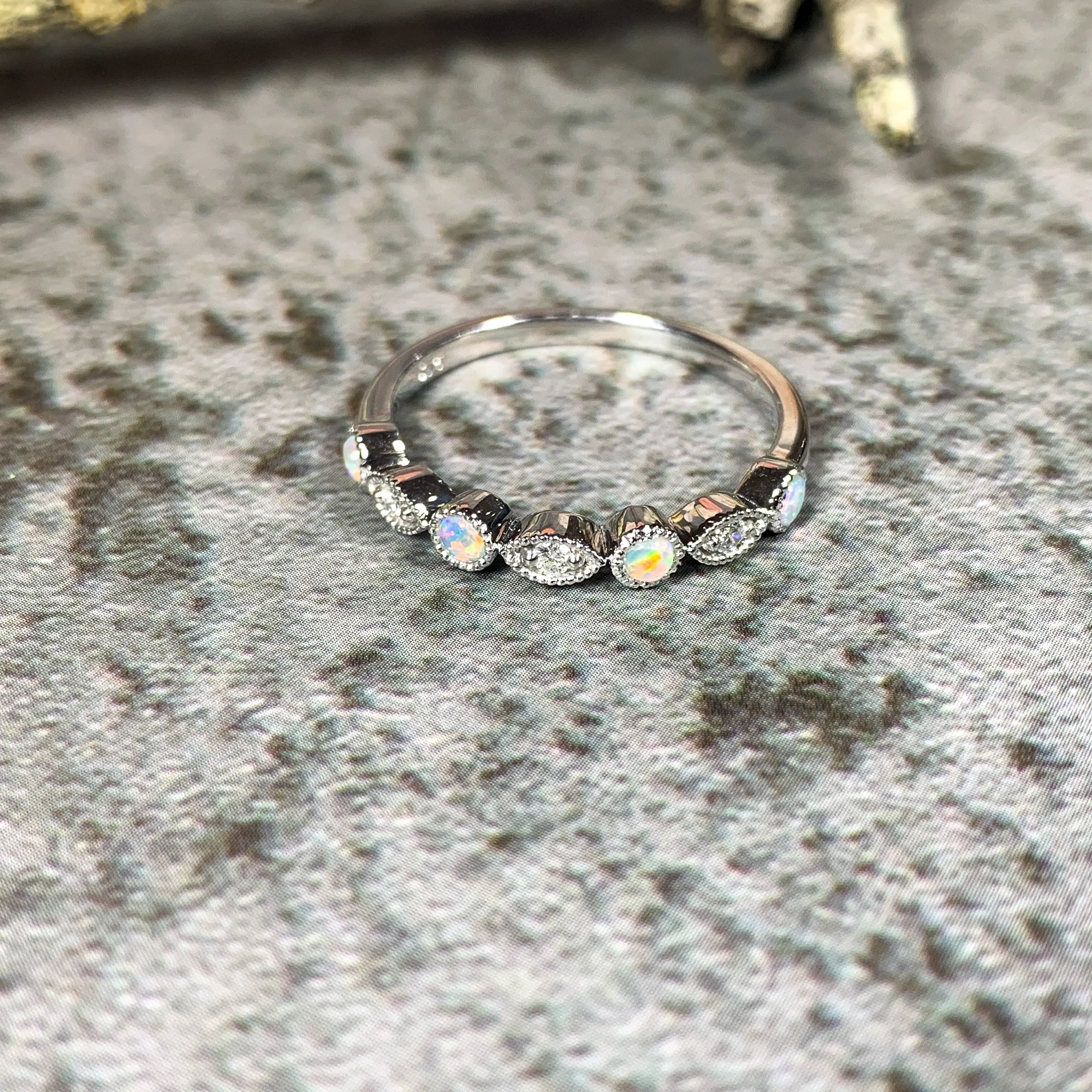 9kt White Gold eternity band millgrain finish Opal and Diamonds