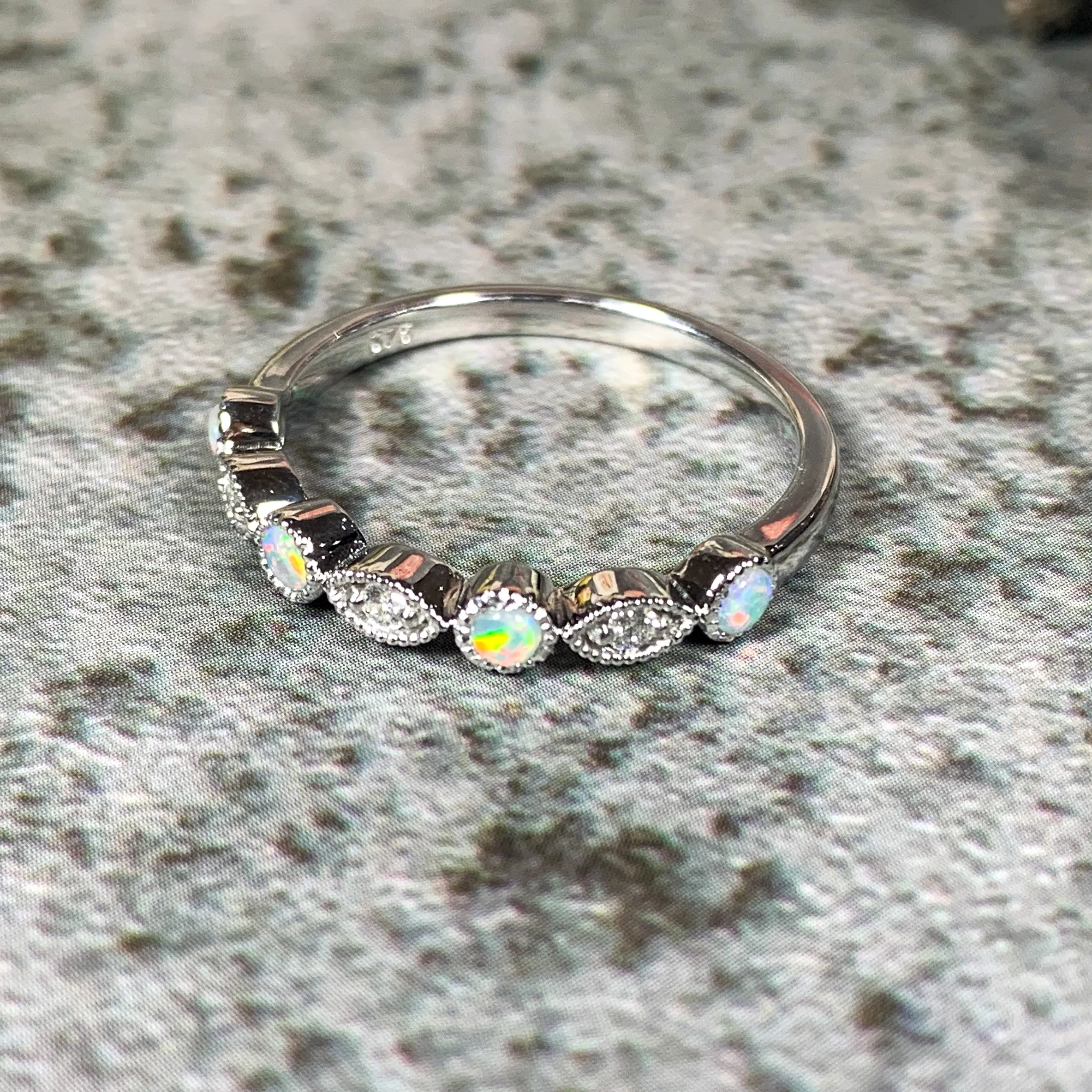 9kt White Gold eternity band millgrain finish Opal and Diamonds