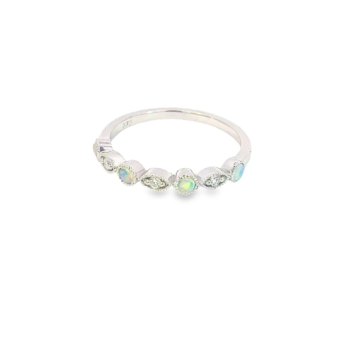 9kt White Gold eternity band millgrain finish Opal and Diamonds
