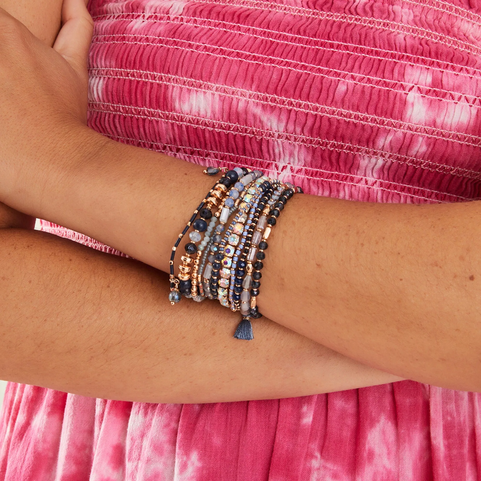 Accessorize London Women Blue Luxe Beaded Charm Stretch Bracelet Pack Of 11