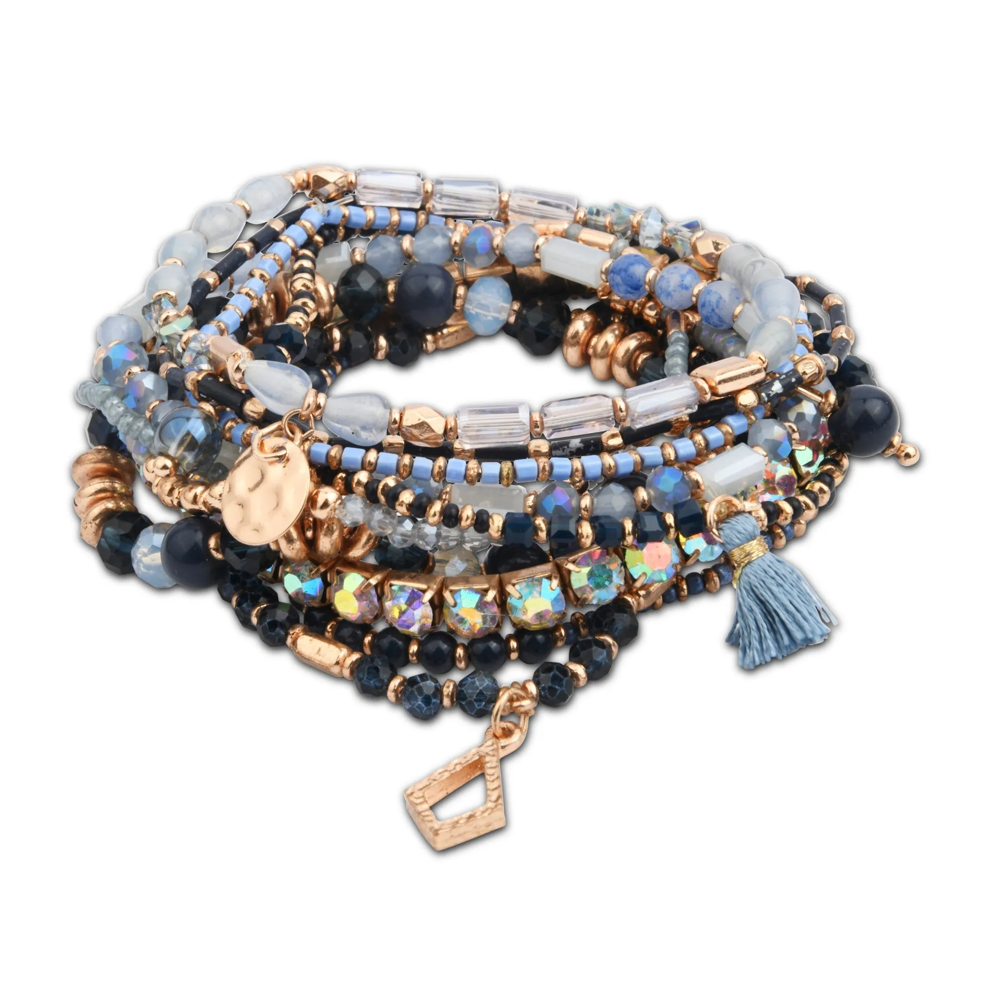 Accessorize London Women Blue Luxe Beaded Charm Stretch Bracelet Pack Of 11