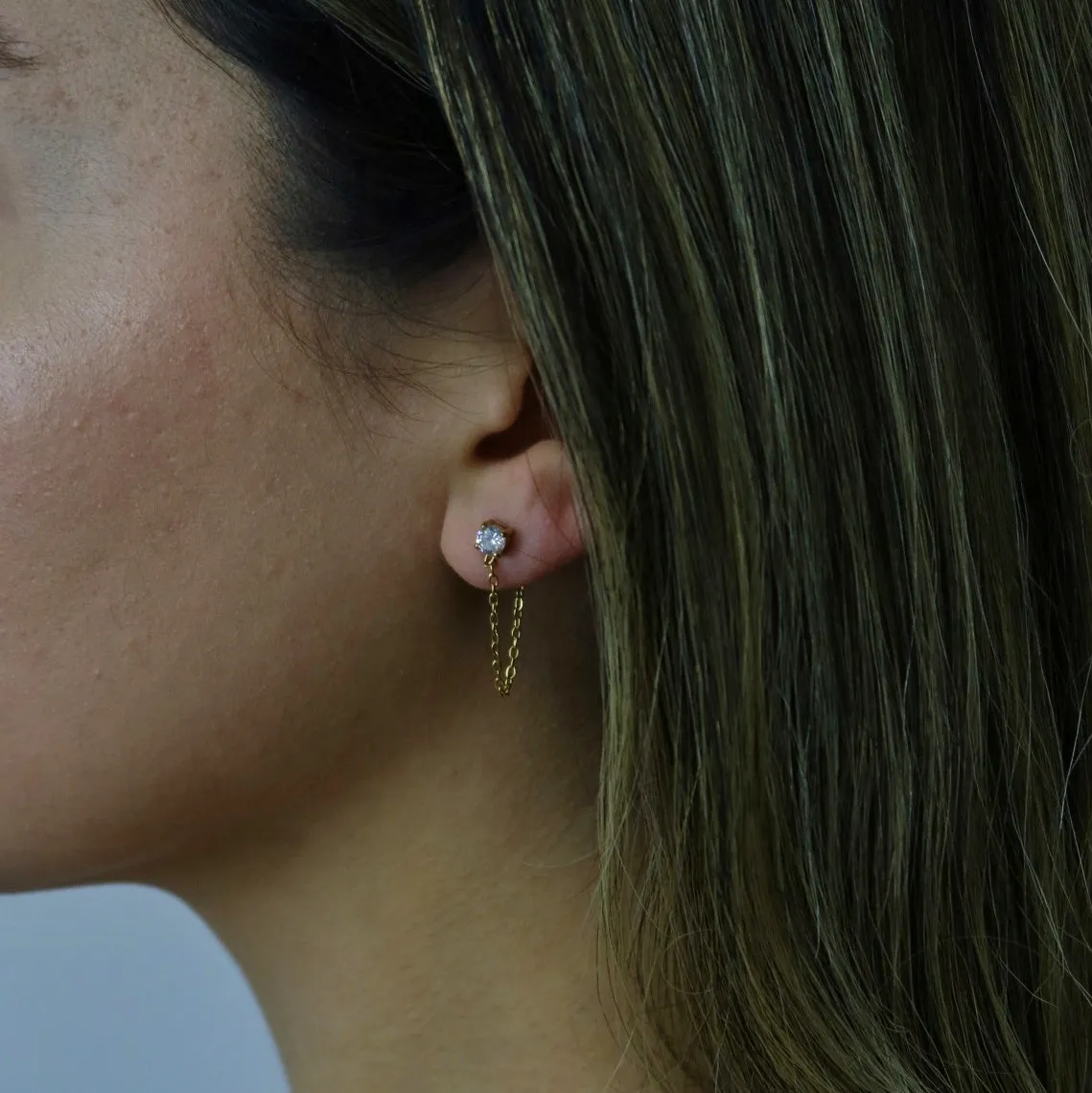 Ange Sparkling CZ Stud Earrings with Chain
