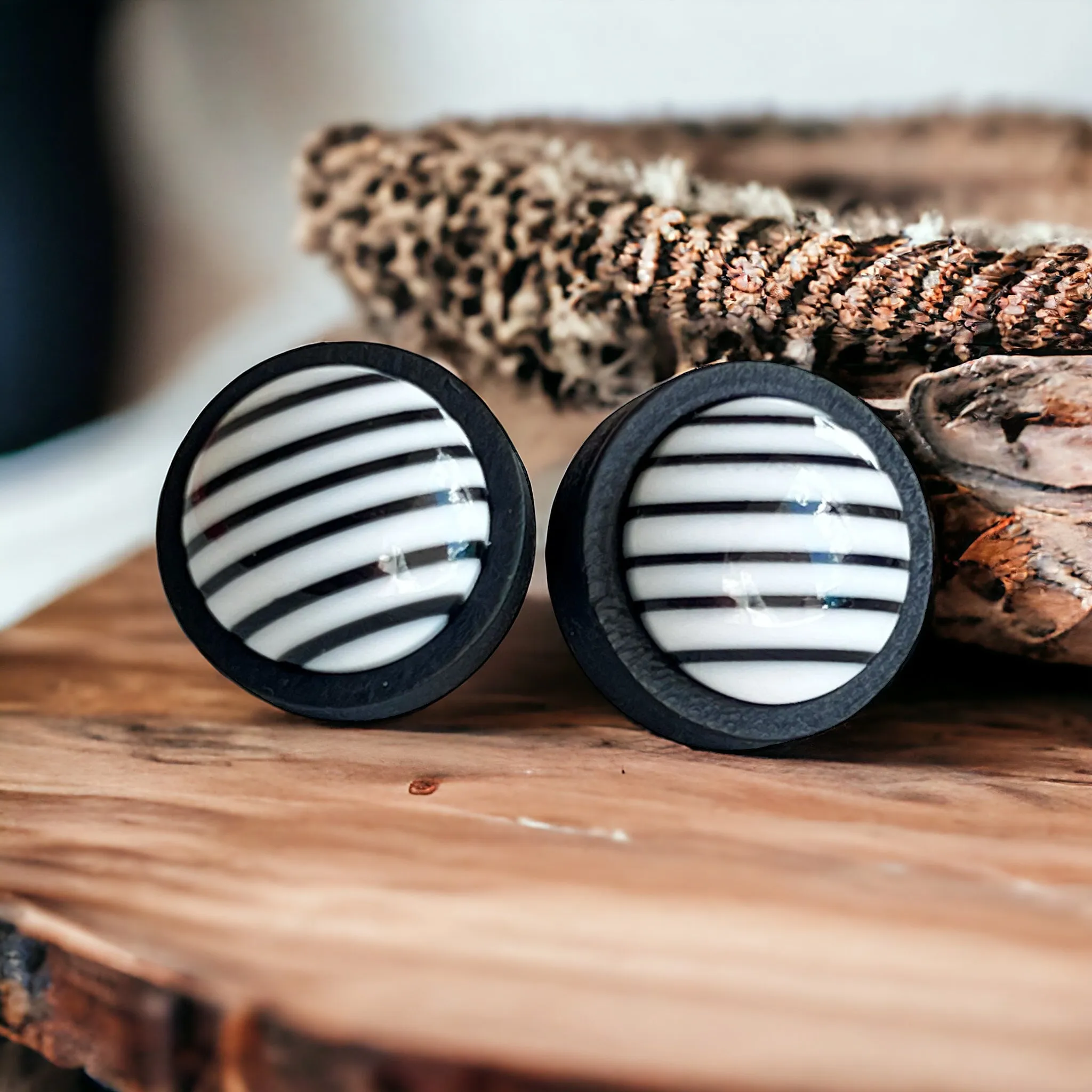 Black & White Striped Black Wood Earrings - Stylish & Contemporary Accessories