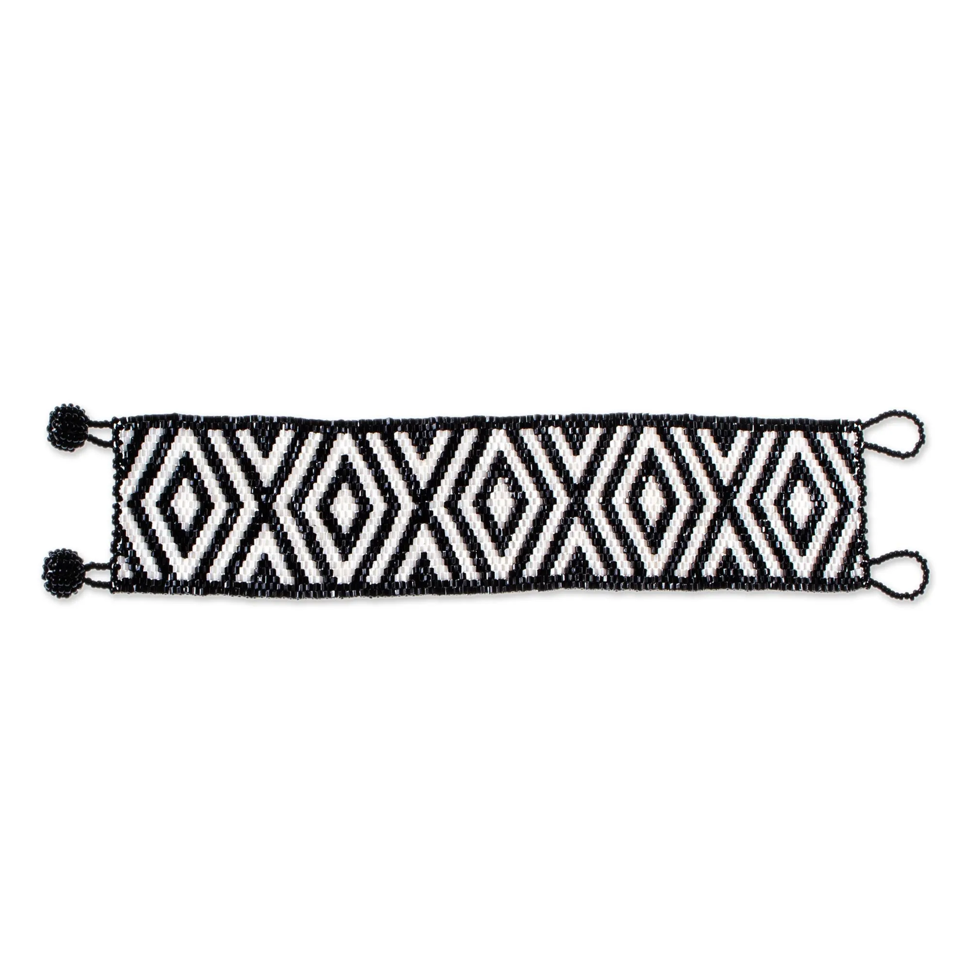 Black and White Diamonds Huichol Handmade Black and White Beadwork Bracelet