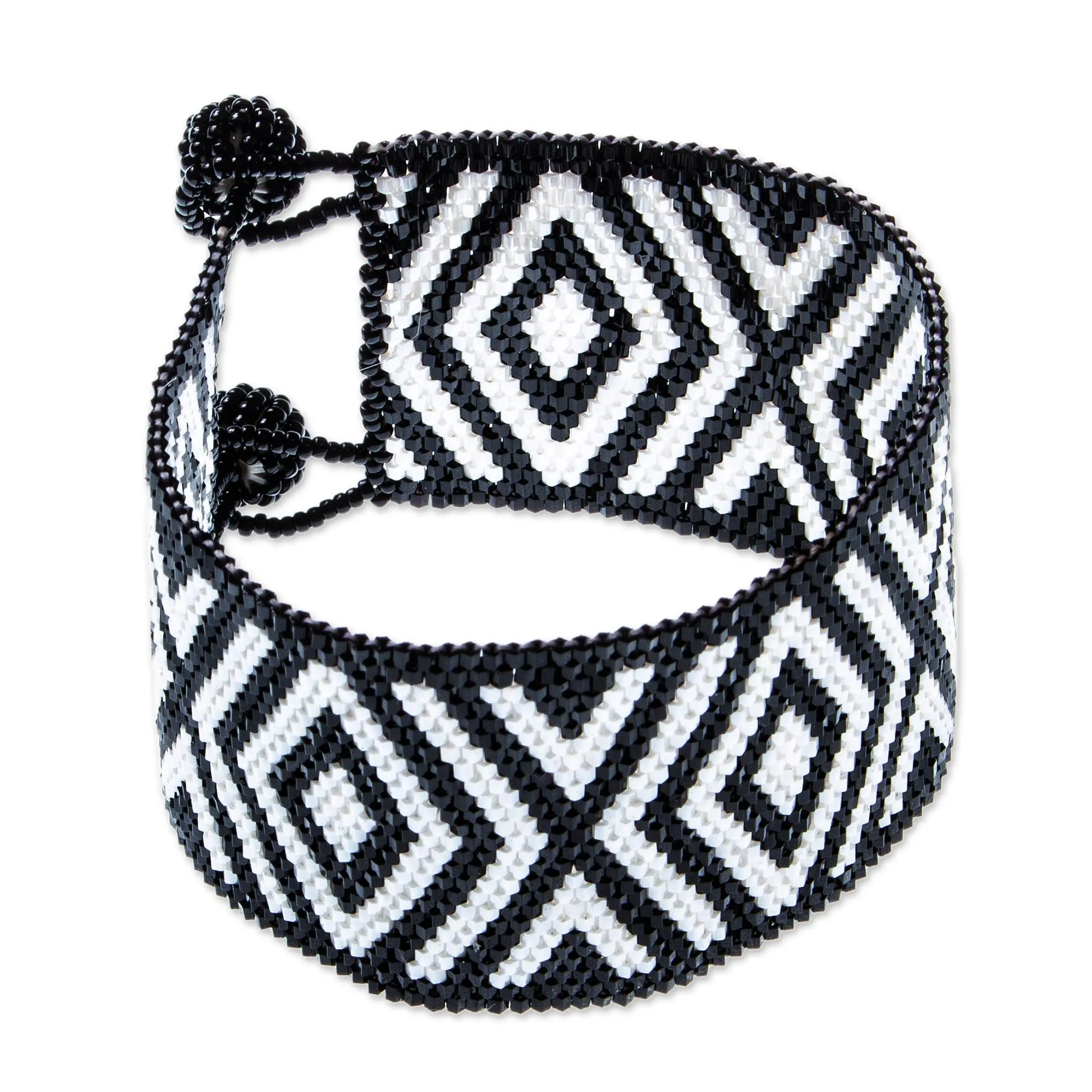 Black and White Diamonds Huichol Handmade Black and White Beadwork Bracelet