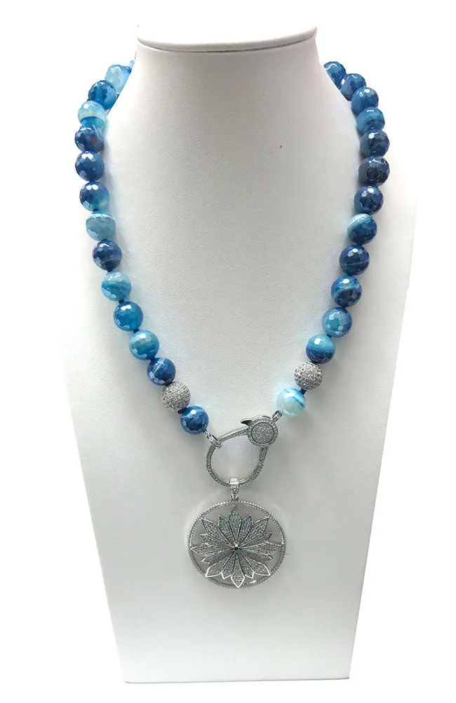 Blue Bead Necklace Silver Leaf Pendant
