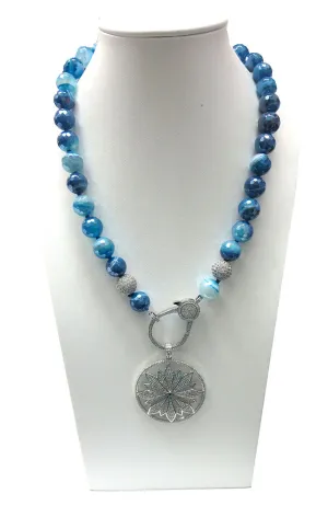 Blue Bead Necklace Silver Leaf Pendant