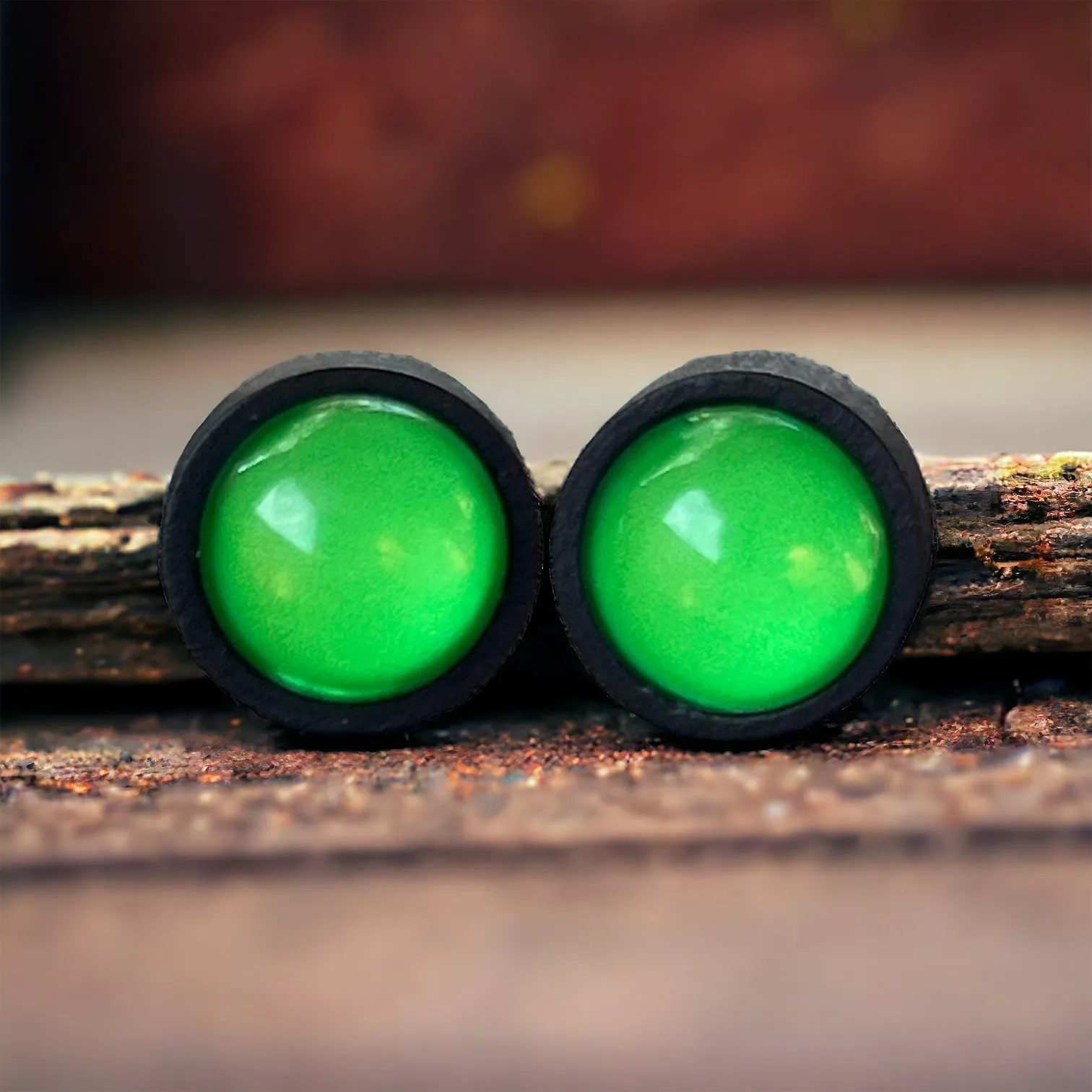 Bright Green & Black Wood Earring Studs - Vibrant and Stylish Accessories