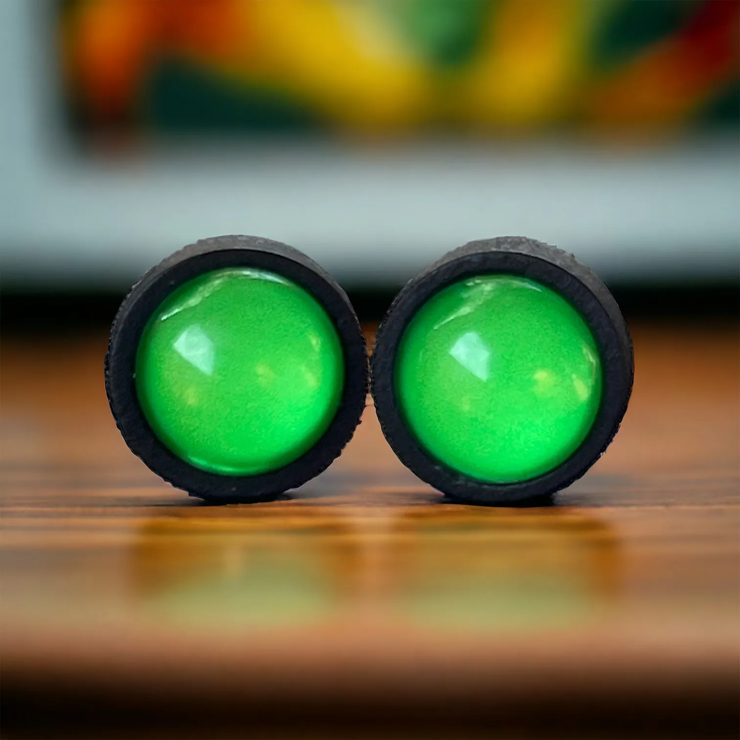 Bright Green & Black Wood Earring Studs - Vibrant and Stylish Accessories