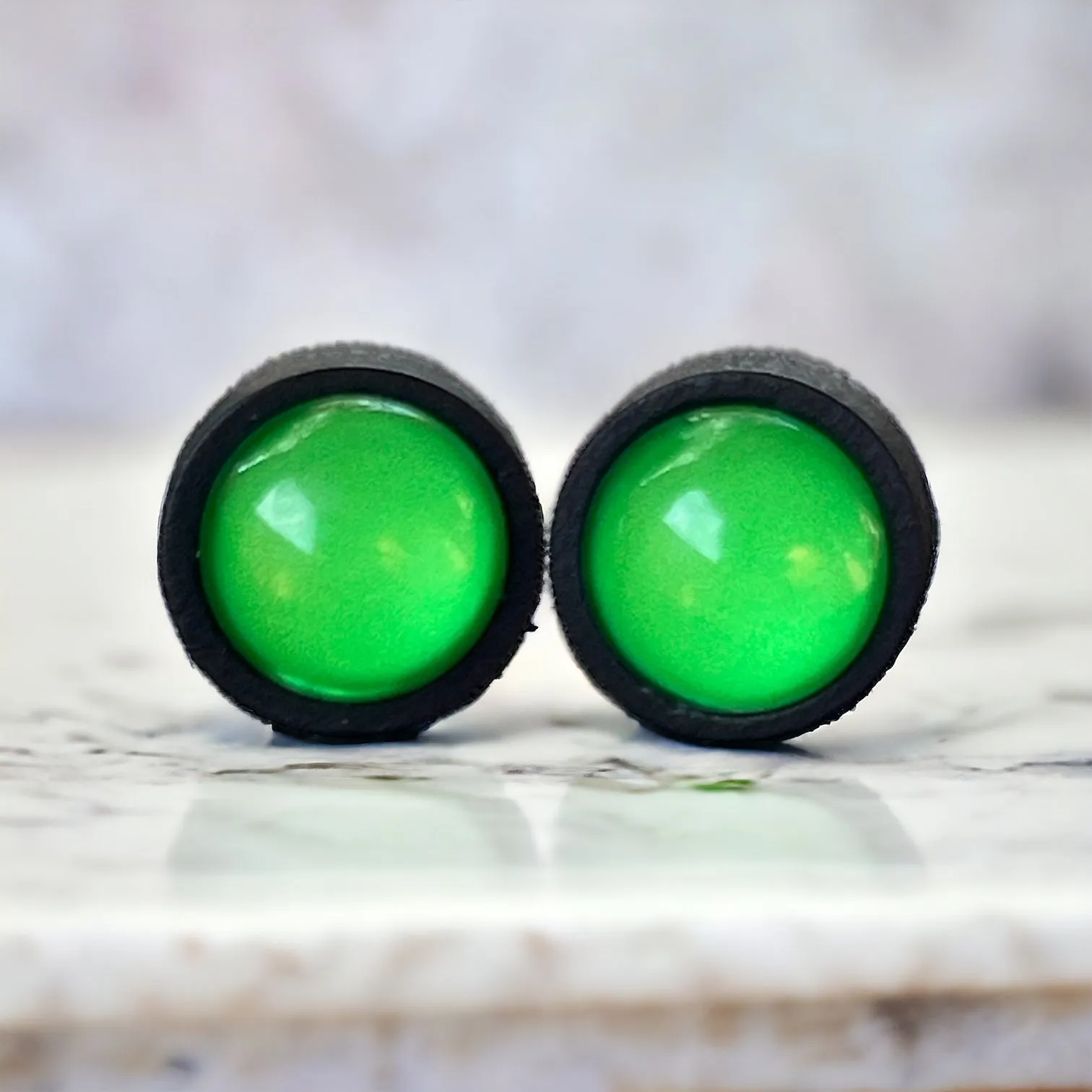 Bright Green & Black Wood Earring Studs - Vibrant and Stylish Accessories