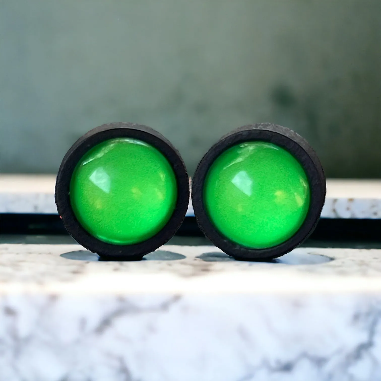 Bright Green & Black Wood Earring Studs - Vibrant and Stylish Accessories