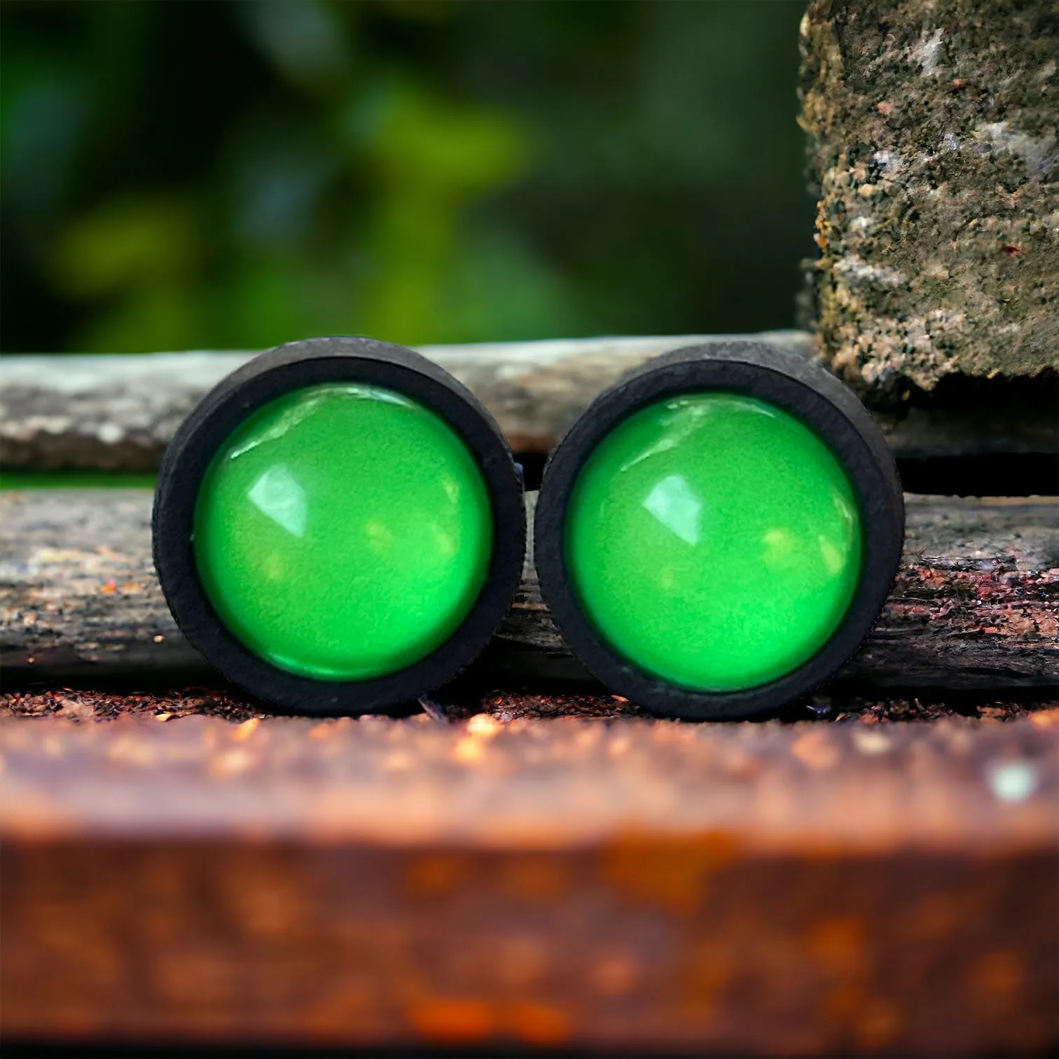 Bright Green & Black Wood Earring Studs - Vibrant and Stylish Accessories