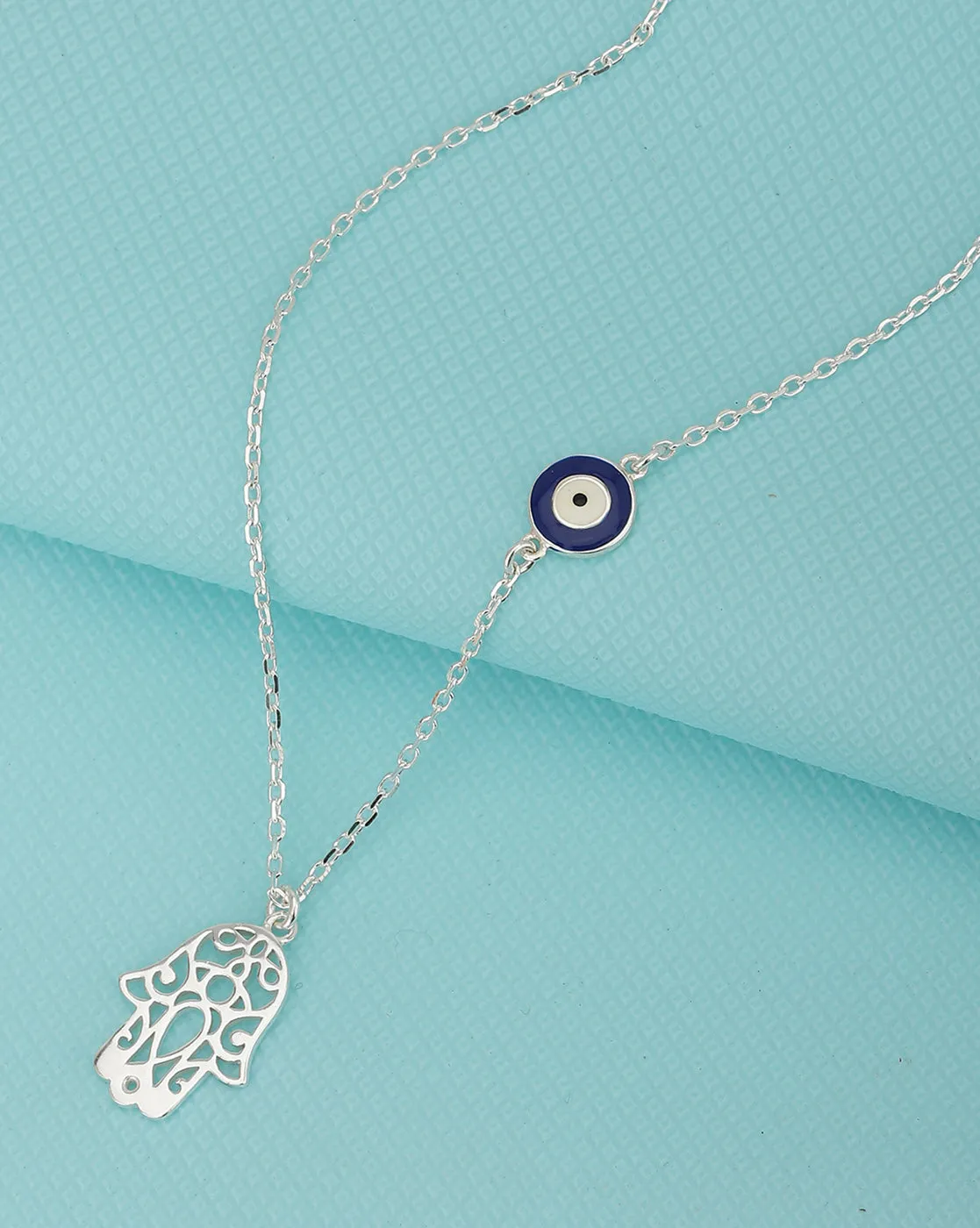 Carlton London Rhodium Plated Hamsa Pendant With Evil Eye Enamel Charm & Chain