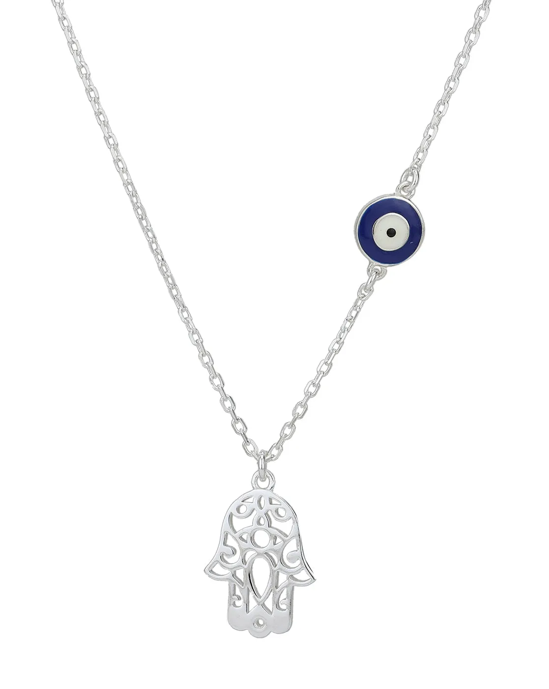 Carlton London Rhodium Plated Hamsa Pendant With Evil Eye Enamel Charm & Chain