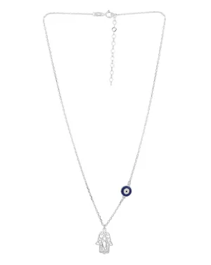 Carlton London Rhodium Plated Hamsa Pendant With Evil Eye Enamel Charm & Chain