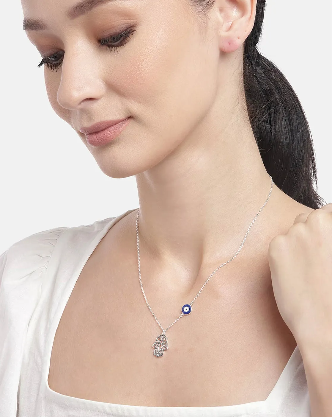 Carlton London Rhodium Plated Hamsa Pendant With Evil Eye Enamel Charm & Chain