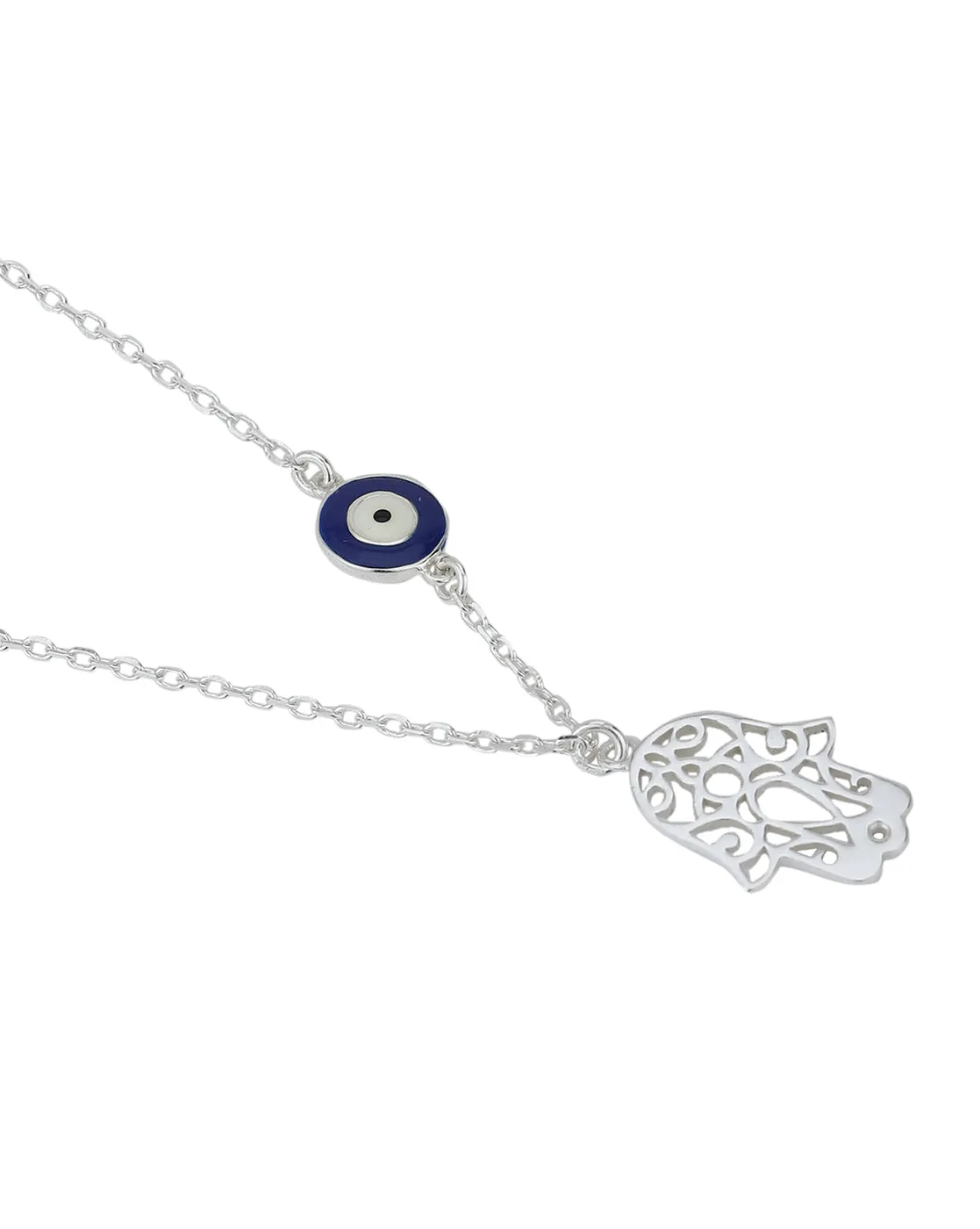 Carlton London Rhodium Plated Hamsa Pendant With Evil Eye Enamel Charm & Chain