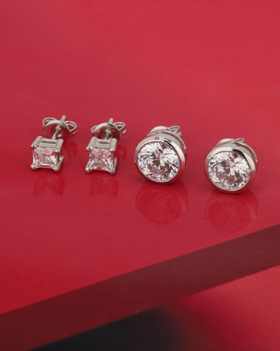 Carlton London Set Of 2 Rhodium Plated  Cz Stud Earring For Women
