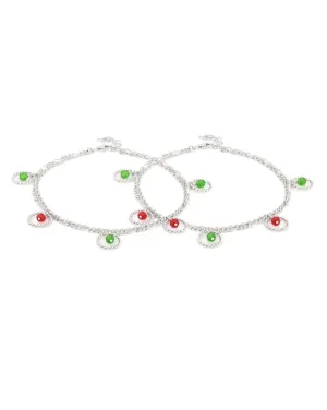 Carlton London -Set Of 2 Rhodium-Plated Silver Toned Green & Red Beaded Layered Anklets For Women