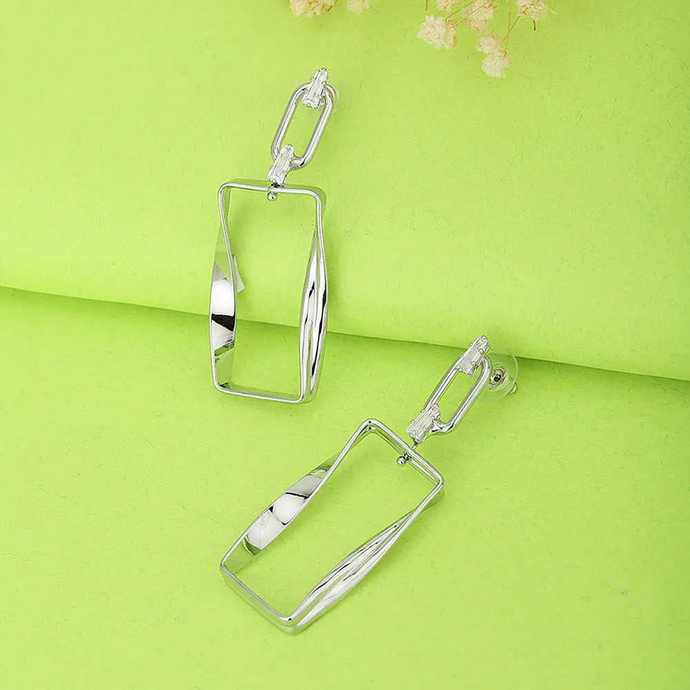 Carlton London Women'S Brass Silver-Toned Rhodium Plated Cz Studded Handcrafted Geometric Drop Earrings Fje3434